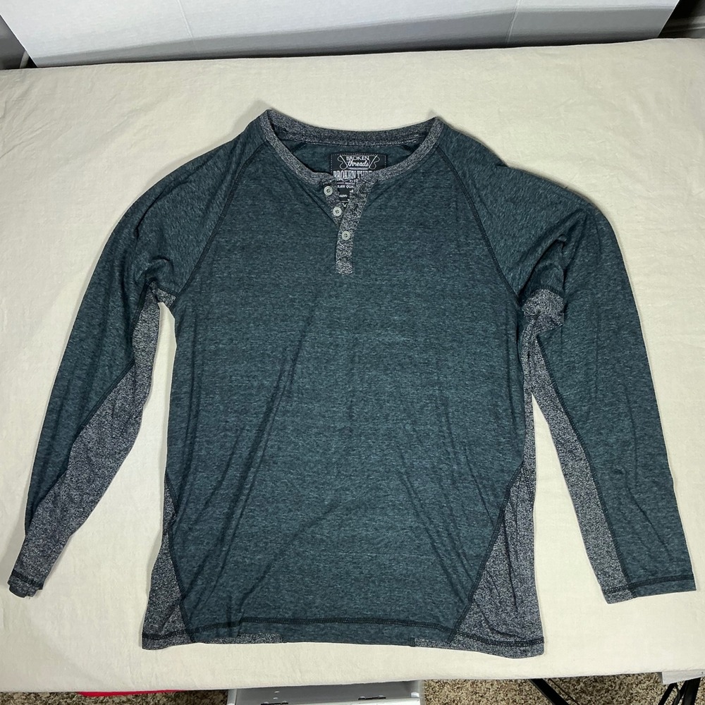 Broken Threads Mens Henley Shirt Long Sleeve Two Tone Heather Teal Grey Large